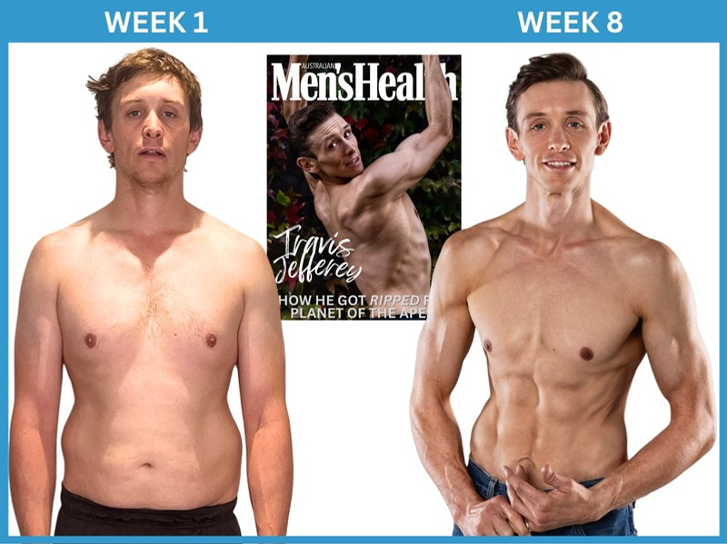Travis Jeffery’s week-one and week-eight transformation, with his Men’s Health cover